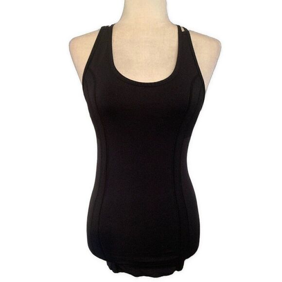 Womens Solid Black Athletic Spandex Fitted Built In Bra Tank Top Xs Small - Picture 1 of 2